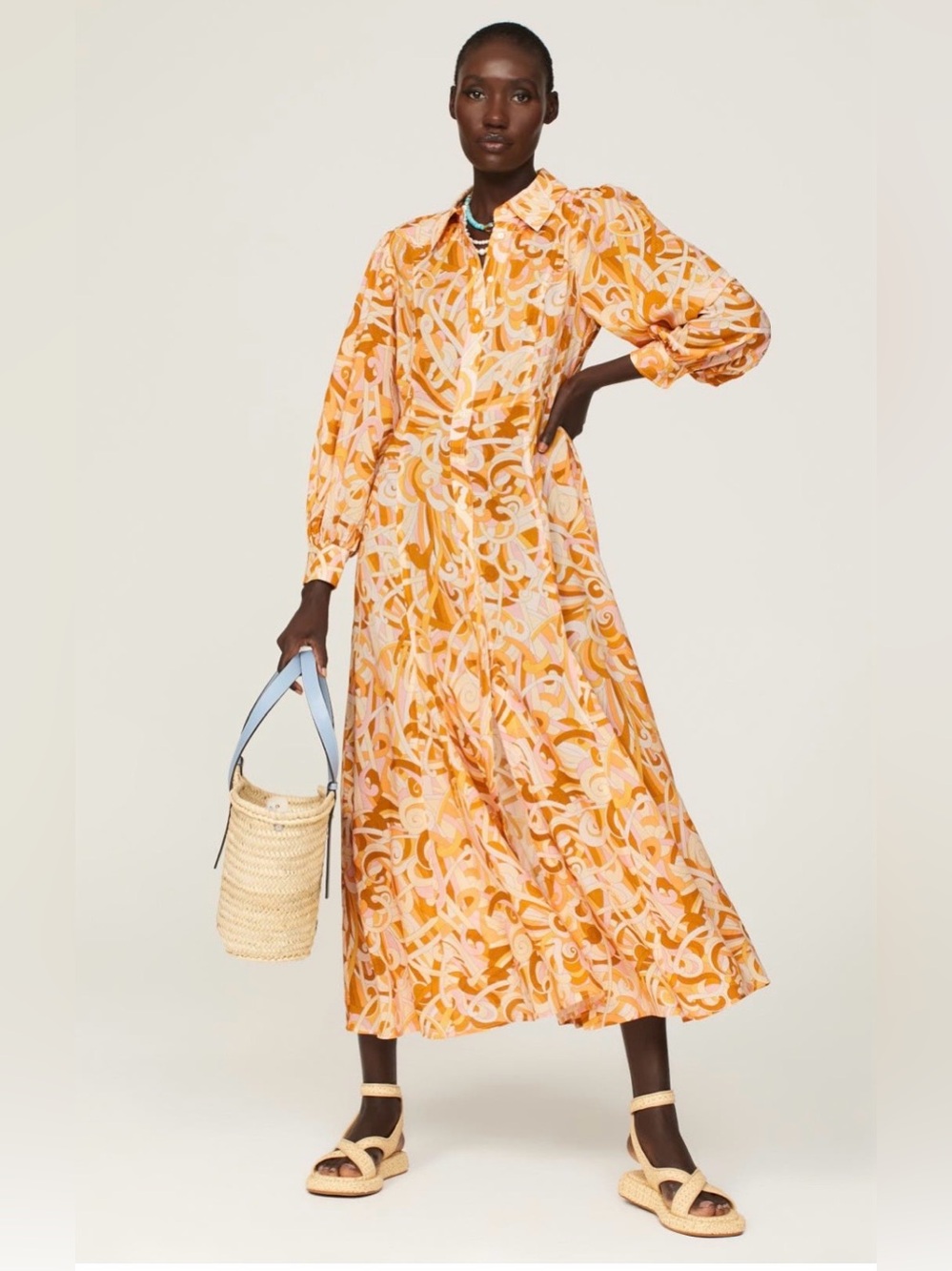 RIXO~Orange & Pink Georgina Maxi Shirt Dress with Collar~Size 4~$360~